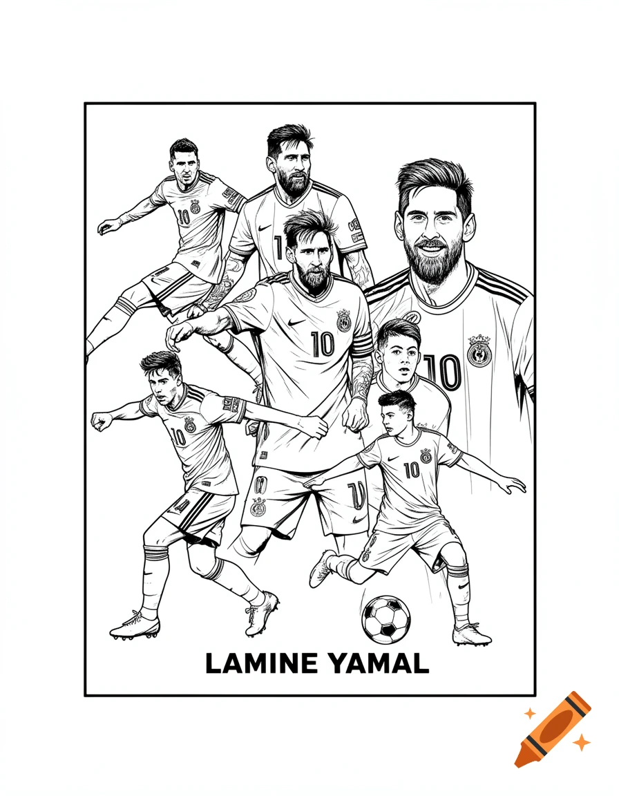 Black and white coloring page style collage featuring multiple illustrations of soccer players Lionel Messi and Lamine Yamal, with a soccer ball.