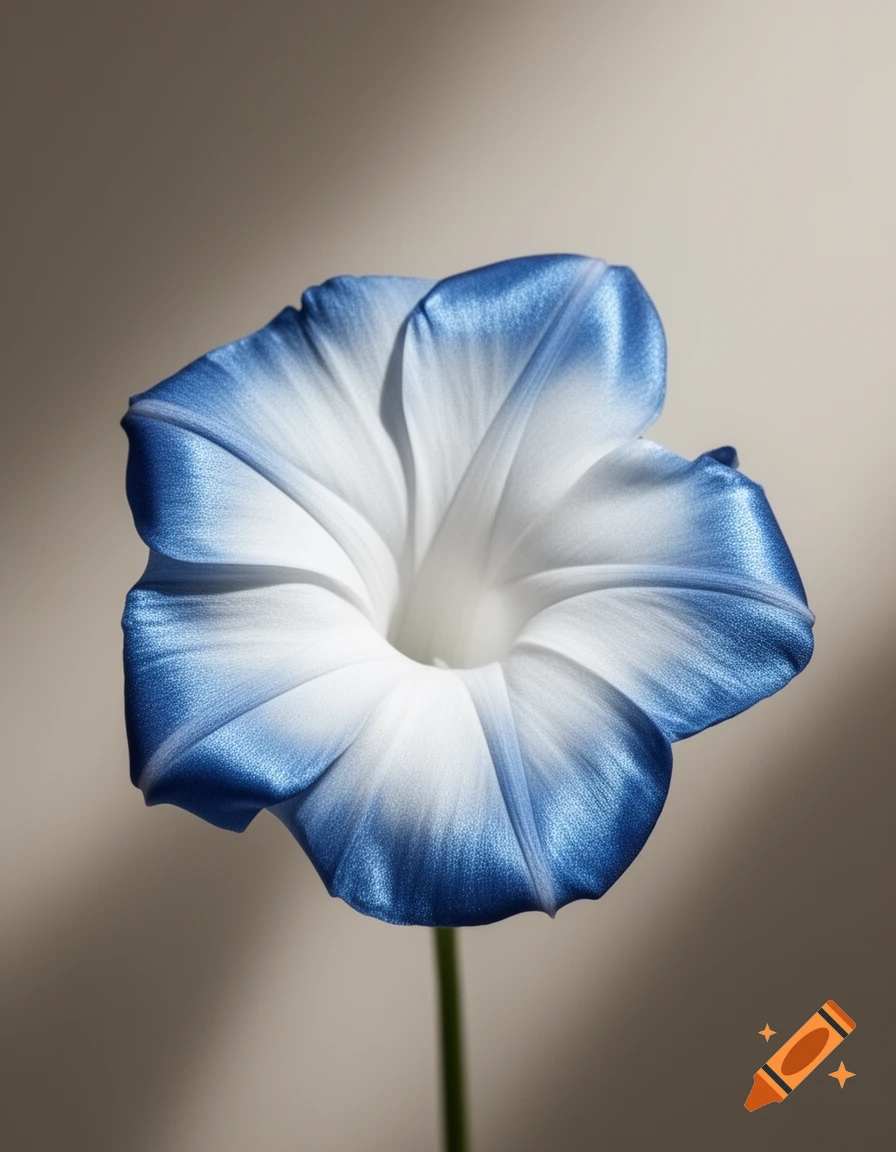 A close-up, photorealistic image of a white trumpet flower with metallic blue edges against a plain background.