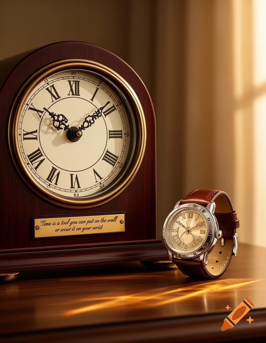 A photorealistic image of a dark wooden mantel clock and a gold-faced wrist watch with a brown leather strap, on a polished wooden table.