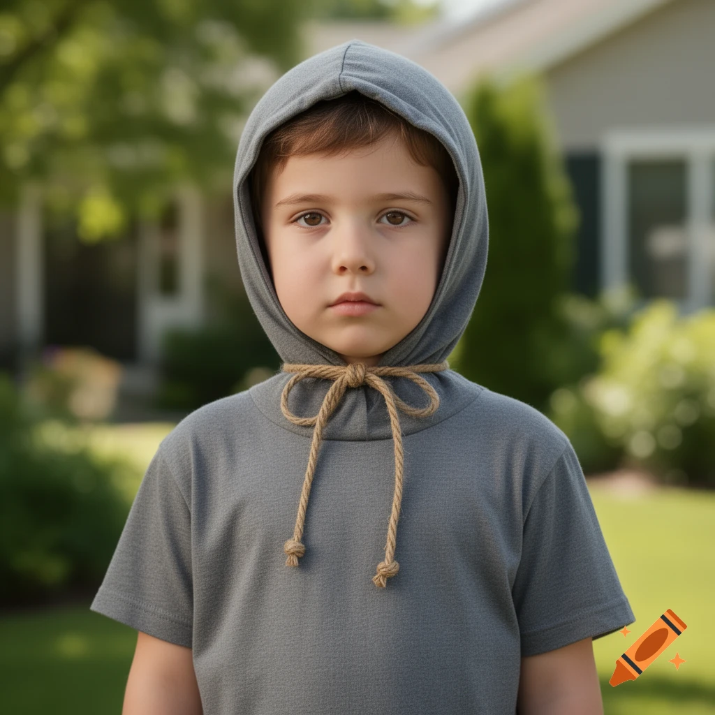 Photorealistic portrait of a young child in a grey hooded t-shirt with a rope tied around the neck, outdoors.