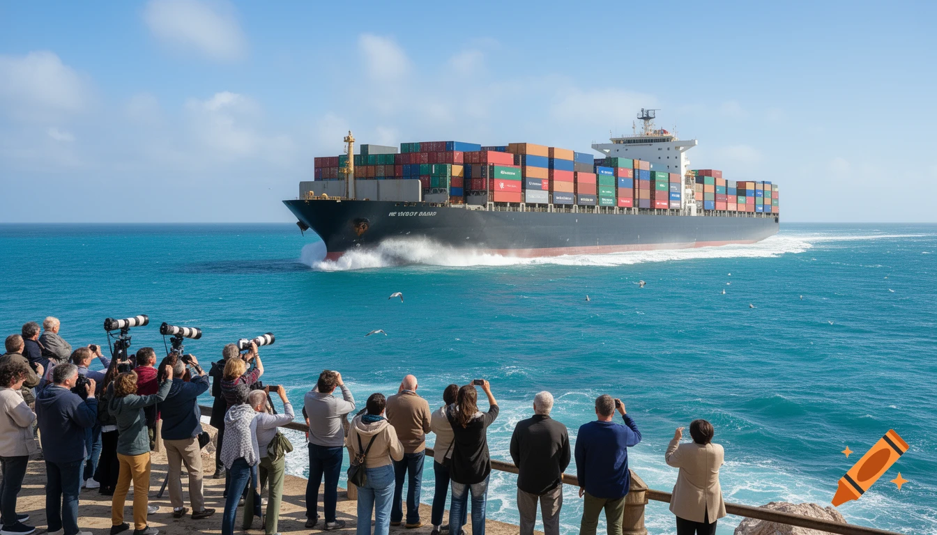 A large container ship with colorful cargo sails on a blue ocean as a crowd of people on a cliff watch and take photos.