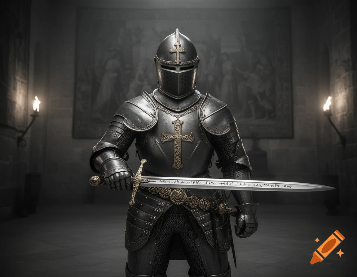 A knight in full dark armor with golden cross emblems holds a long sword with inscriptions in a dimly lit castle hall.