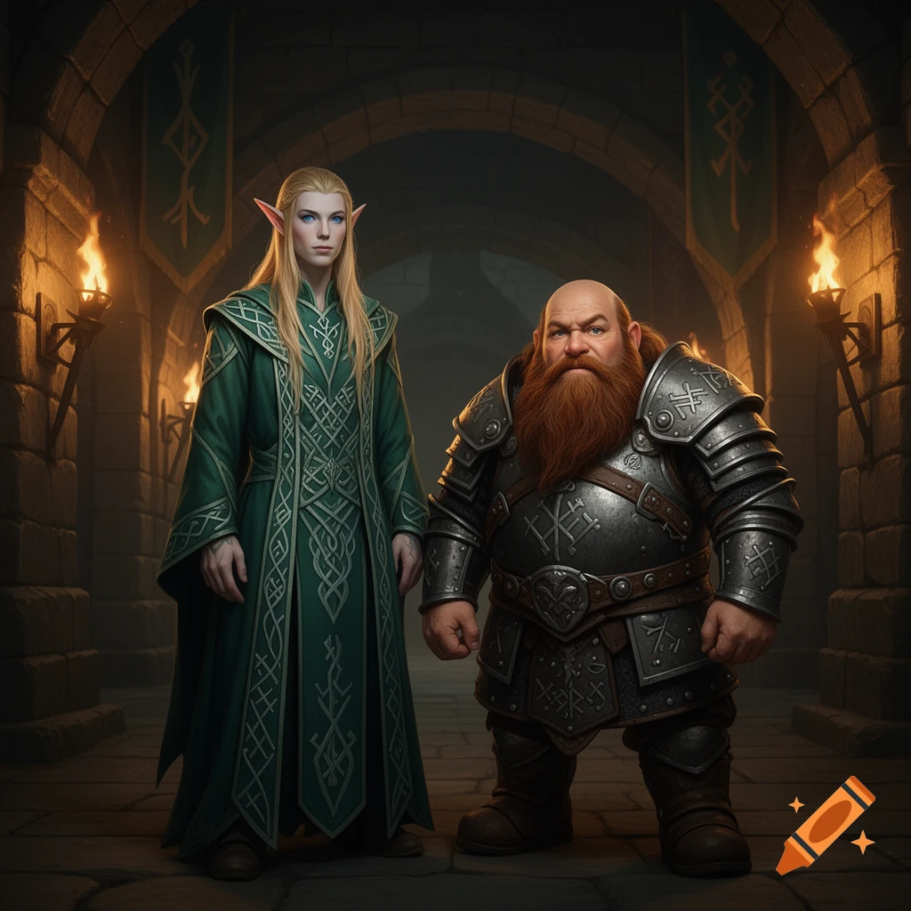 A tall, blonde elf in a green robe stands next to a short, bearded dwarf in dark armor in a stone dungeon.
