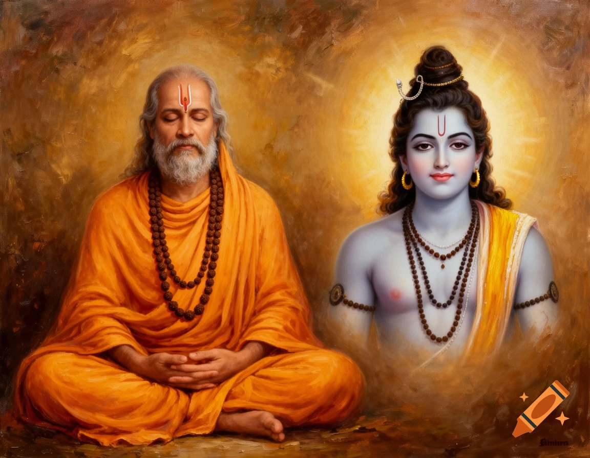 An oil painting of a meditating Hindu sanyasi baba next to a glowing, serene depiction of Lord Rama.