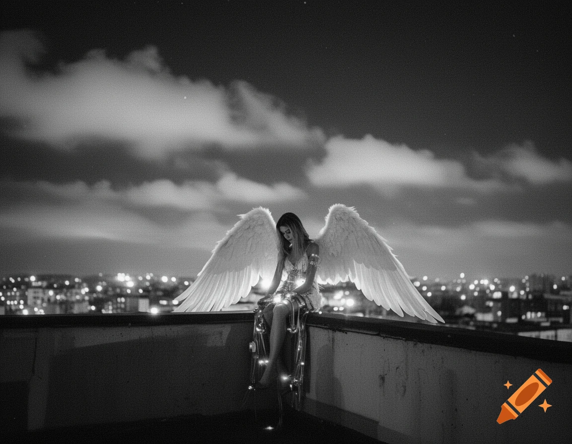 Monochrome image of a lonely fallen angel with large white wings sitting on a rooftop at night, overlooking a blurry city.