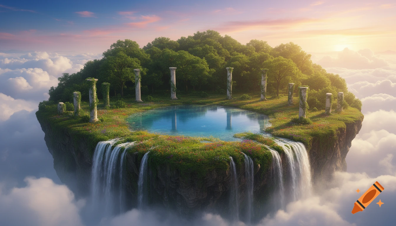 A fantastical floating island with a blue pond, waterfalls, lush forest, and ancient stone pillars, surrounded by clouds at sunset.