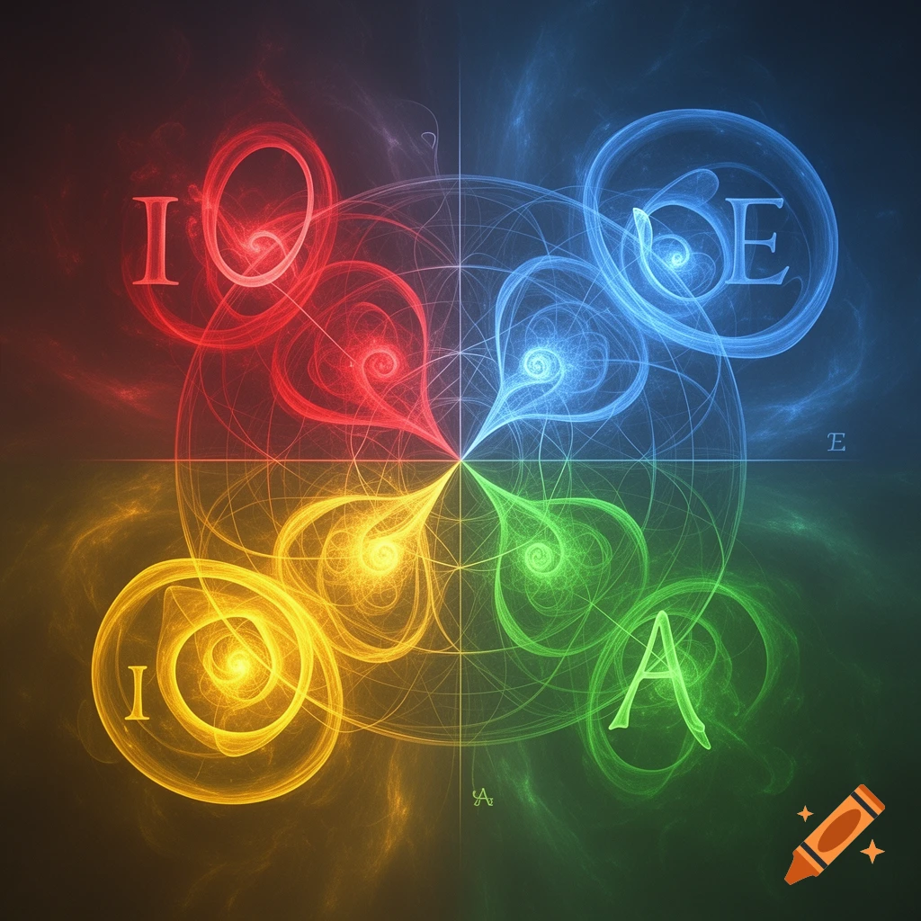 An abstract fractal image divided into four quadrants: red (top-left) with an "O", blue (top-right) with an "E", yellow (bottom-left) with an "I", and green (bottom-right) with an "A". Fine, intricate lines and swirling patterns connect at the center.