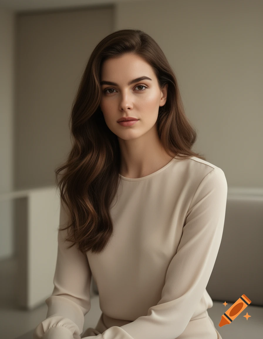 Photorealistic portrait of a young woman with long wavy brown hair wearing a light-colored top, looking at the camera.