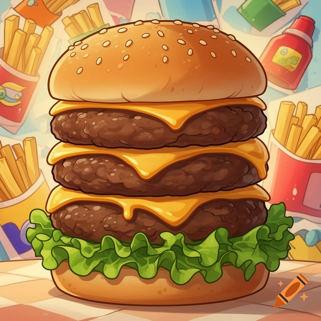 A cartoon triple cheeseburger with lettuce, melted cheese, and sesame seeds, surrounded by french fries and condiments.