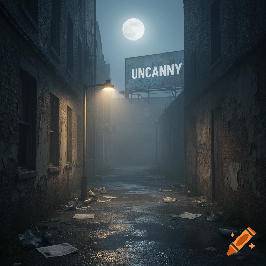 A dark, foggy urban alley at night with a full moon and a billboard sign that says "UNCANNY". A streetlamp illuminates the wet ground covered in trash.