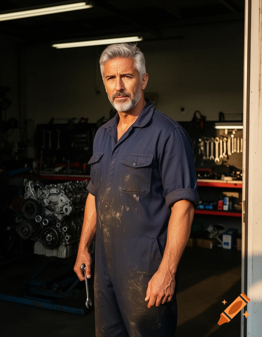 A confident middle-aged man with gray hair and beard, wearing a dirty blue mechanic's uniform, holding a wrench in a garage.