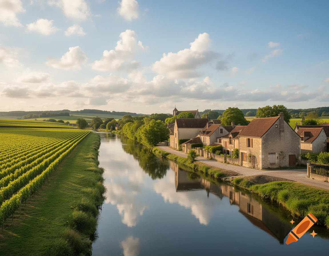 A picturesque village on the bank of a tranquil river, flanked by rows of green vineyards under a partly cloudy sky.