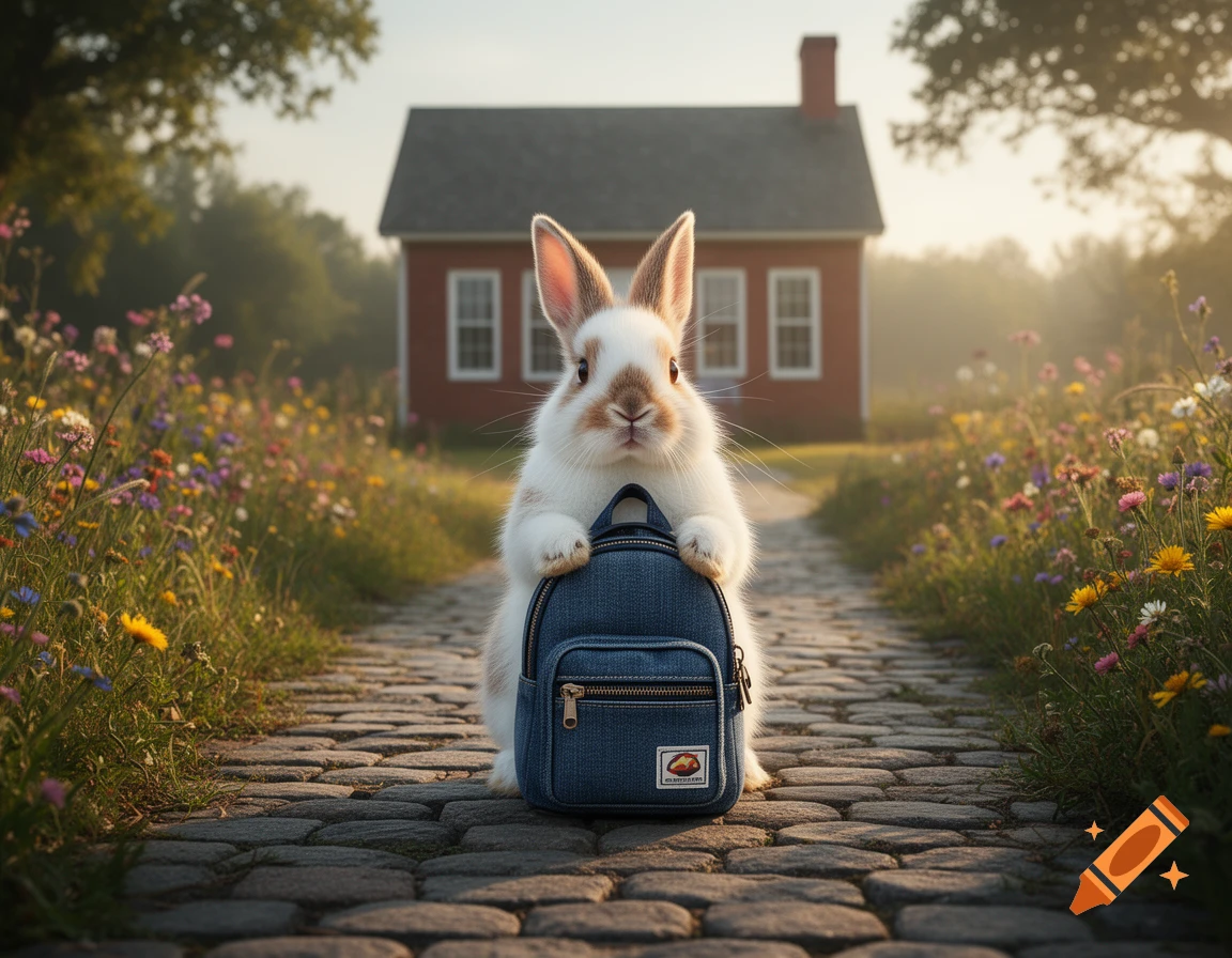 A fluffy white and brown bunny stands on a cobblestone path, holding a blue denim backpack, with a red house and wildflowers in the background.