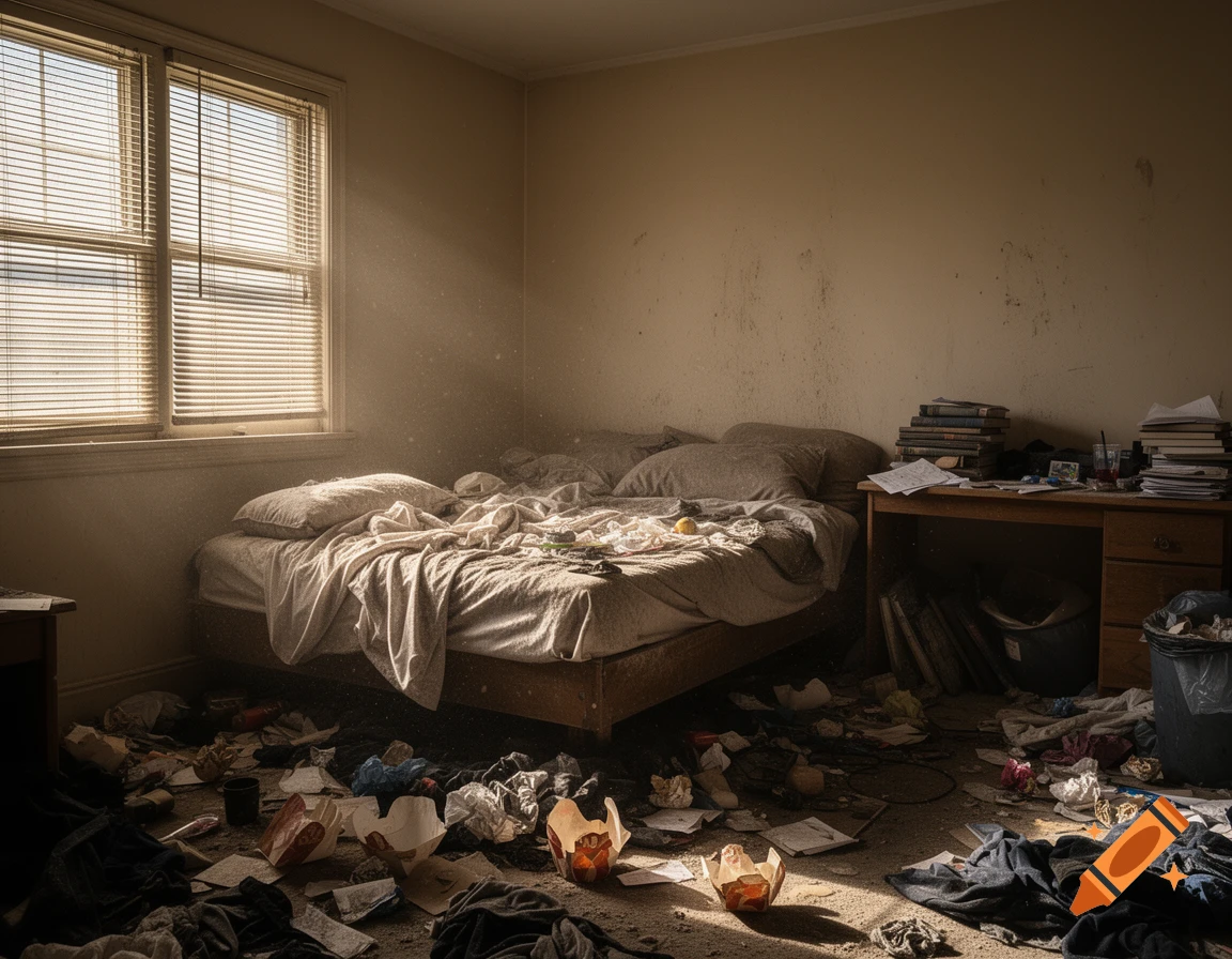 A sunlit, extremely dirty and cluttered bedroom with an unmade bed, trash, and clothes scattered across the floor.