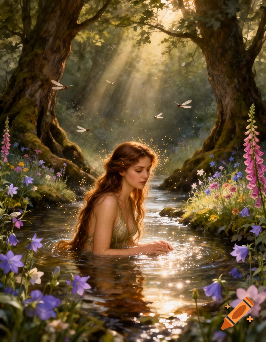A beautiful nymph with long red hair bathes in a sunlit forest stream surrounded by wildflowers and trees, in a romantic, hyperrealistic style.
