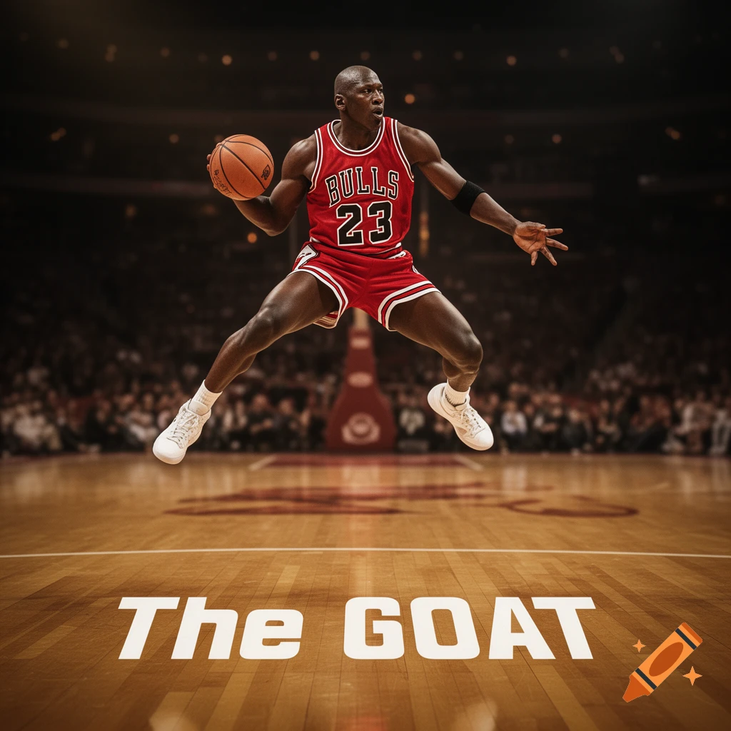 Photorealistic Michael Jordan in a red Bulls jersey mid-air with a basketball on a court, 'The GOAT' on floor.
