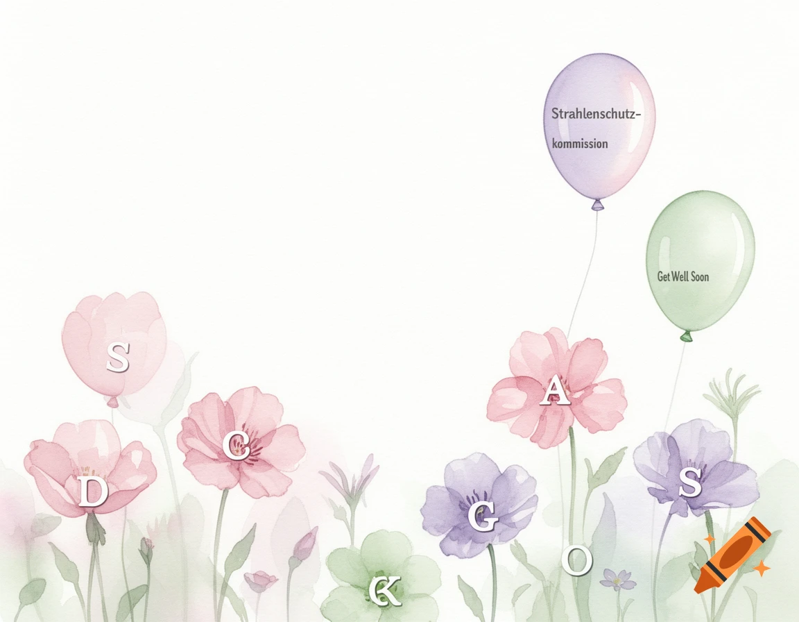 A watercolor get well card with pink and purple flowers along the bottom and two balloons in the sky. One balloon says 'Strahlenschutzkommission' and the other 'Get Well Soon'. Individual letters are on some flowers.