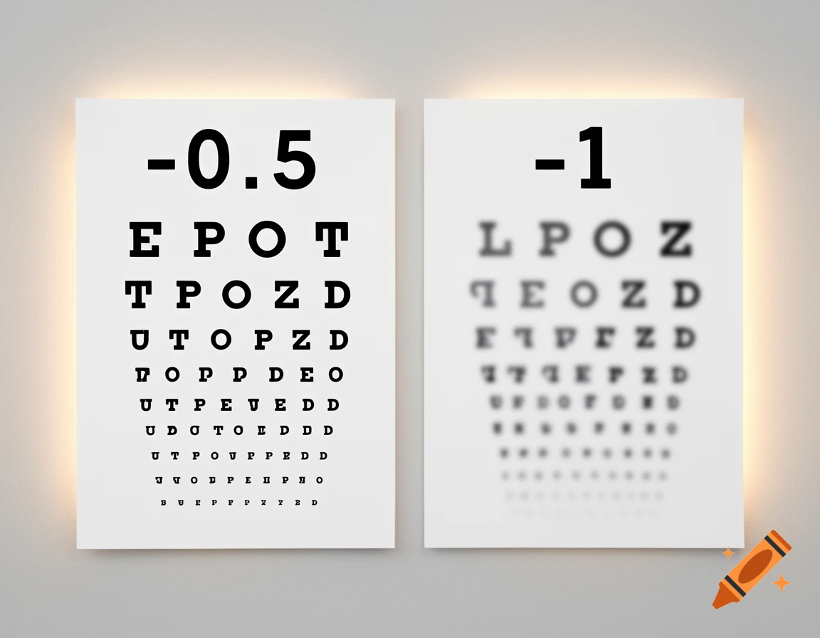 Two eye charts, one clear with '-0.5' and another blurry with '-1', illustrating different degrees of myopia.