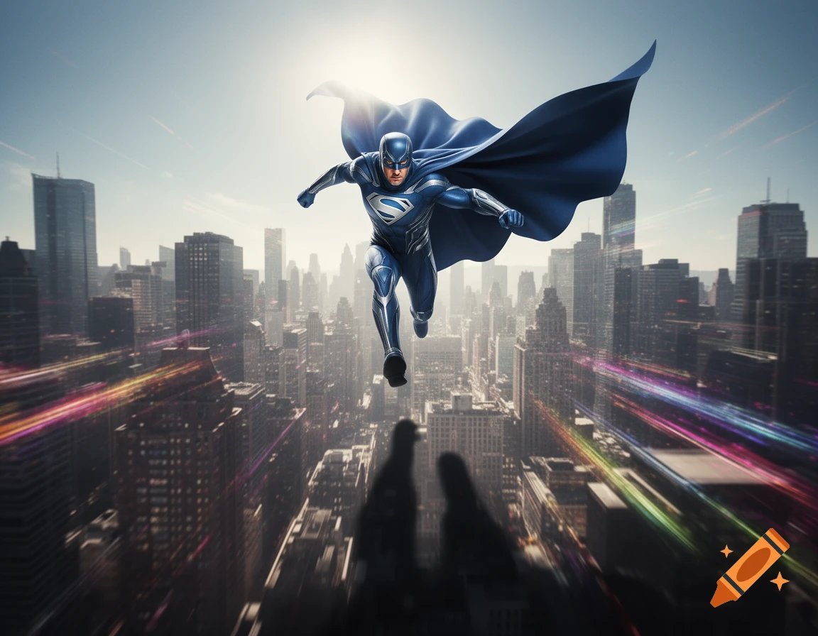 A superhero in a blue suit and cape flies dynamically above a sprawling city with colorful light trails, sun shining brightly.