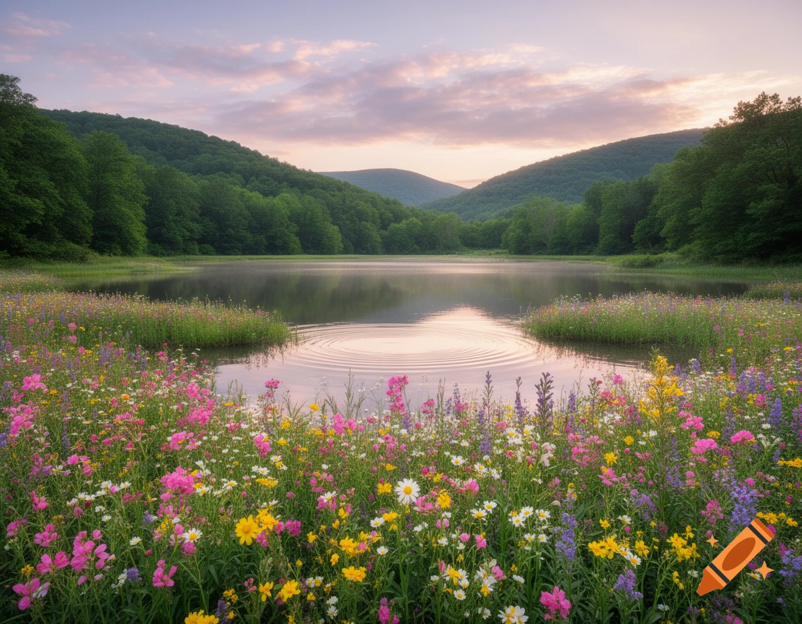 A serene lake surrounded by lush green mountains and a vibrant field of colorful wildflowers at sunrise.