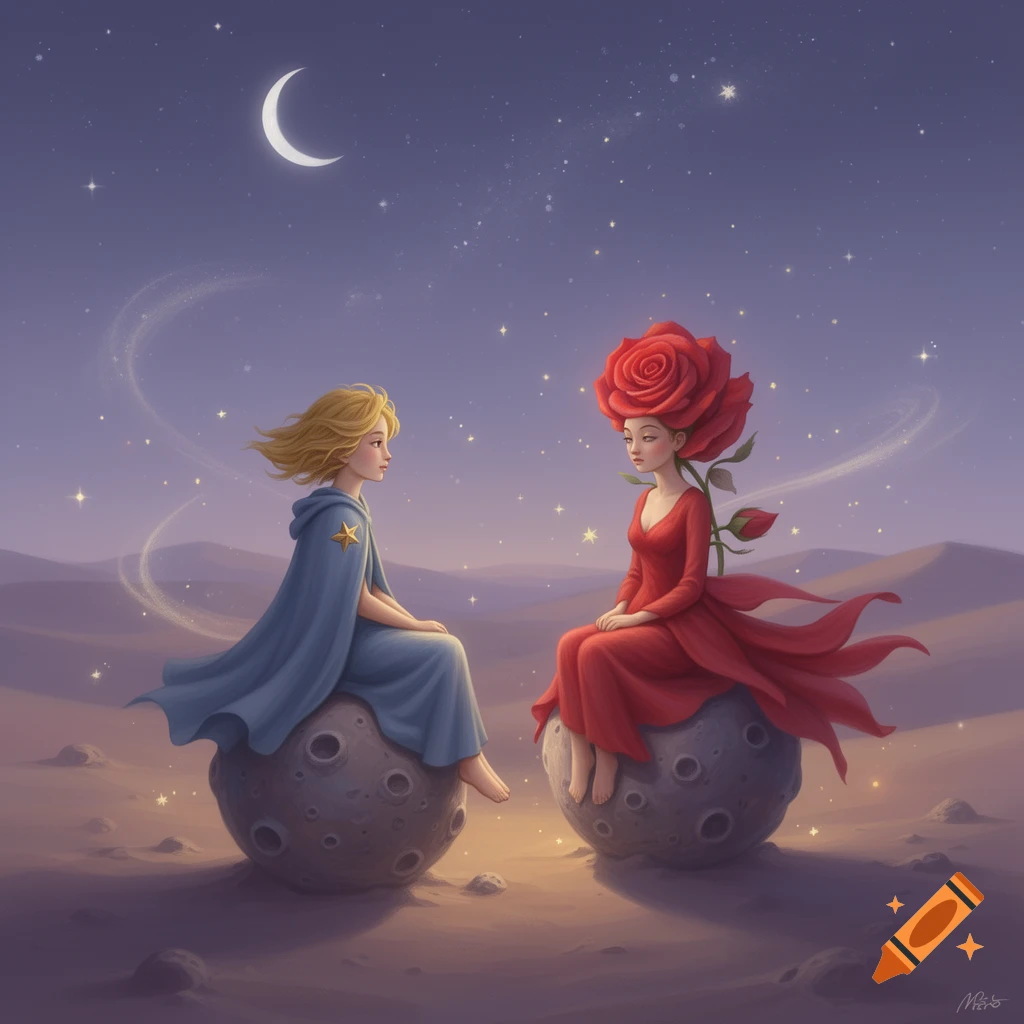 A child-like figure in a blue cape and a woman with a rose for hair sit on small moons under a starry, crescent moonlit sky in an illustrative style.