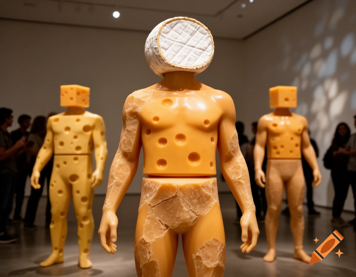Three surreal human figures made of cheese, one with a brie head and Swiss cheese body, standing in an art gallery.