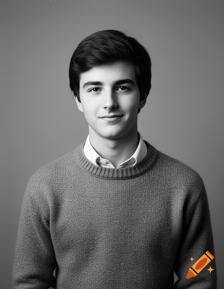 A young man with dark hair in a 1960s fine-knit sweater and button-up shirt, captured in a black and white portrait with film grain.