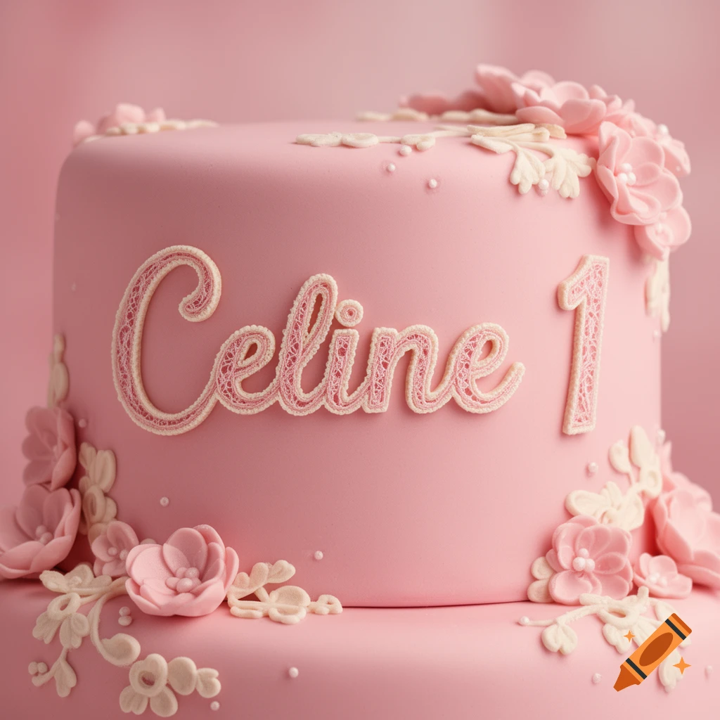 A pink two-tier cake decorated with pink sugar flowers, white leaves, and the name Celine with the number 1.