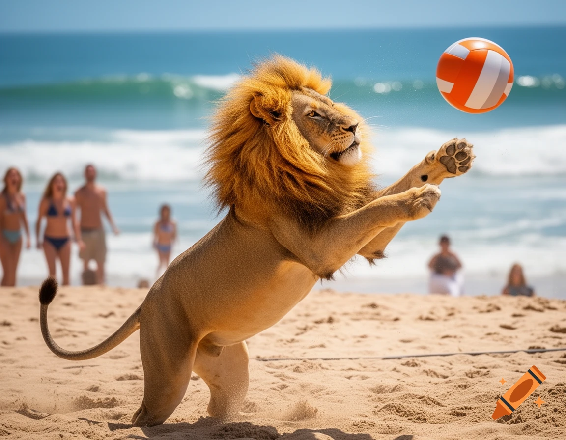 A male lion jumps to hit a volleyball on a sunny beach, with blurred people and ocean in the background.