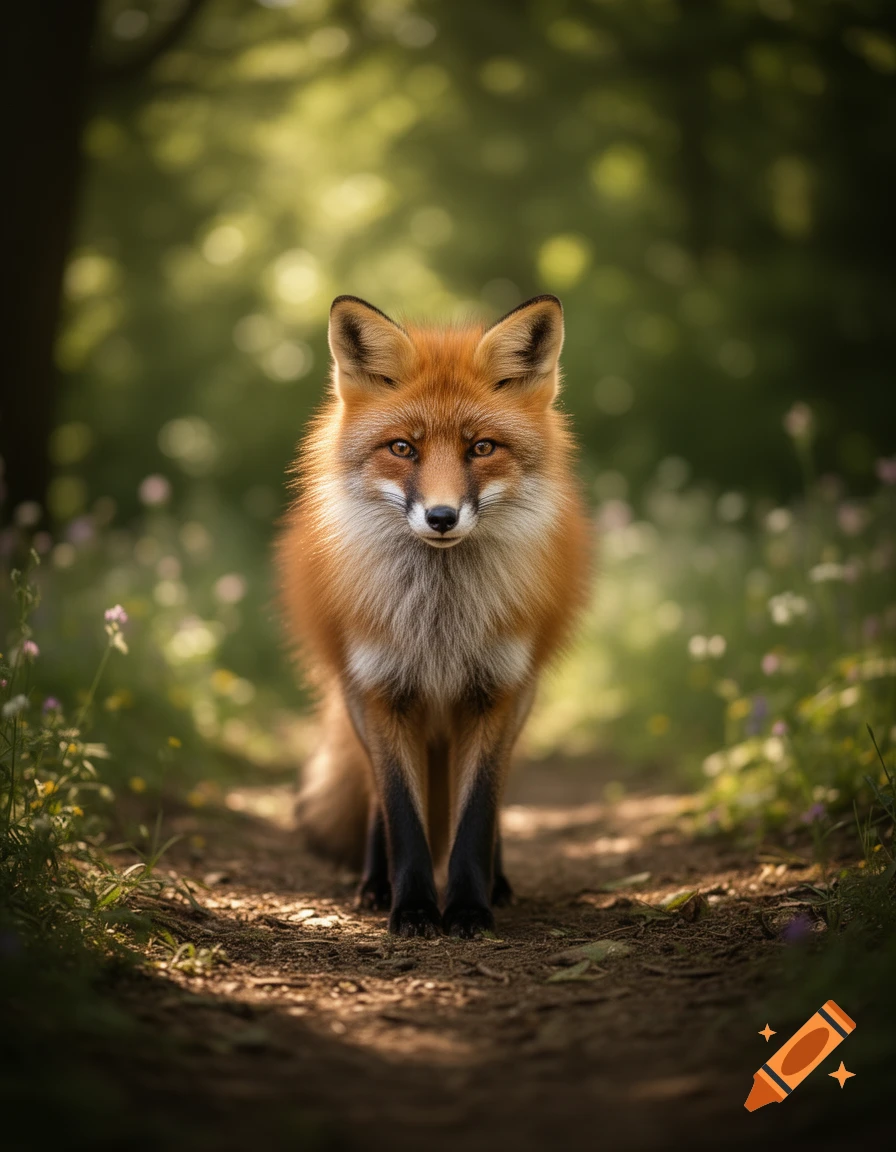 A photorealistic red fox with bushy fur stands on a dirt path in a sun-dappled forest, looking directly forward.