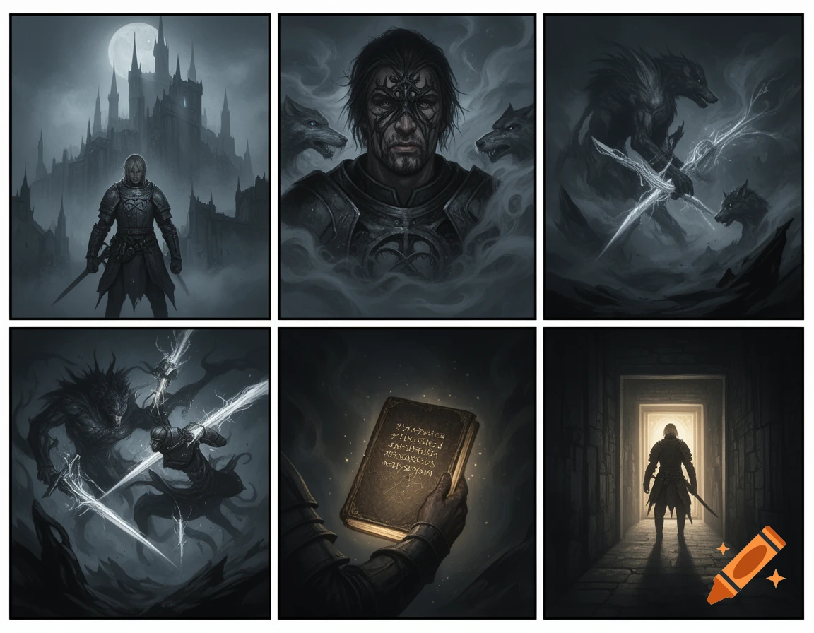A six-panel dark fantasy comic sequence depicting a knight, a castle, menacing wolf-like creatures, glowing swords, and a mystical book.