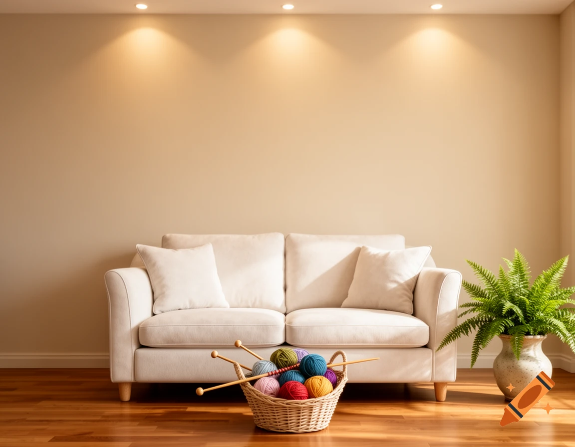 A cream sofa, basket of colorful yarn and knitting needles, and a fern in a vase on a wooden floor, lit by warm recessed lights.