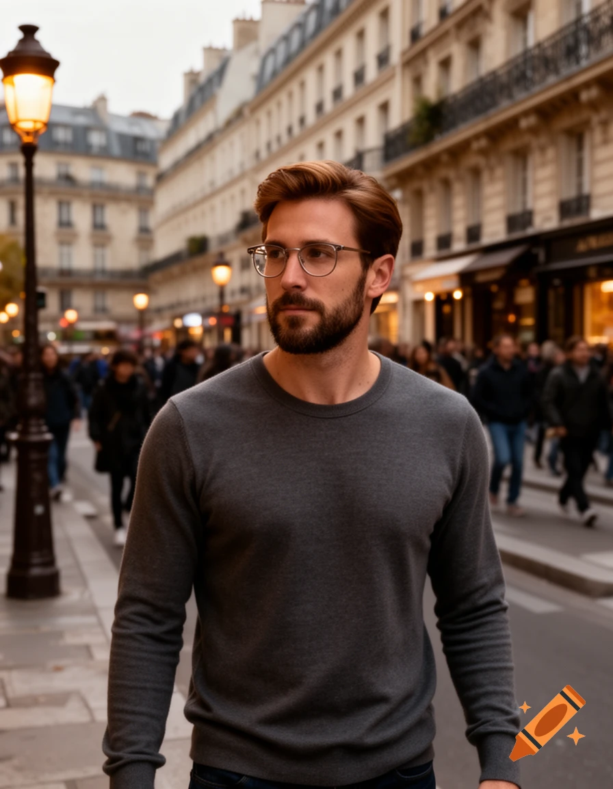 A photorealistic image of a man with brown hair, a short beard, and glasses walking on a bustling street in Paris.