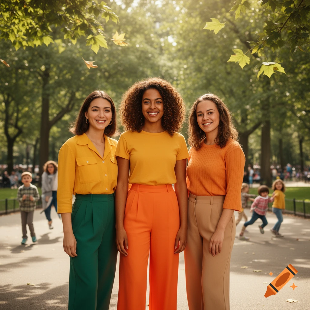 Three smiling women in colorful yellow, orange, and green outfits stand in a sunlit park with trees and children.