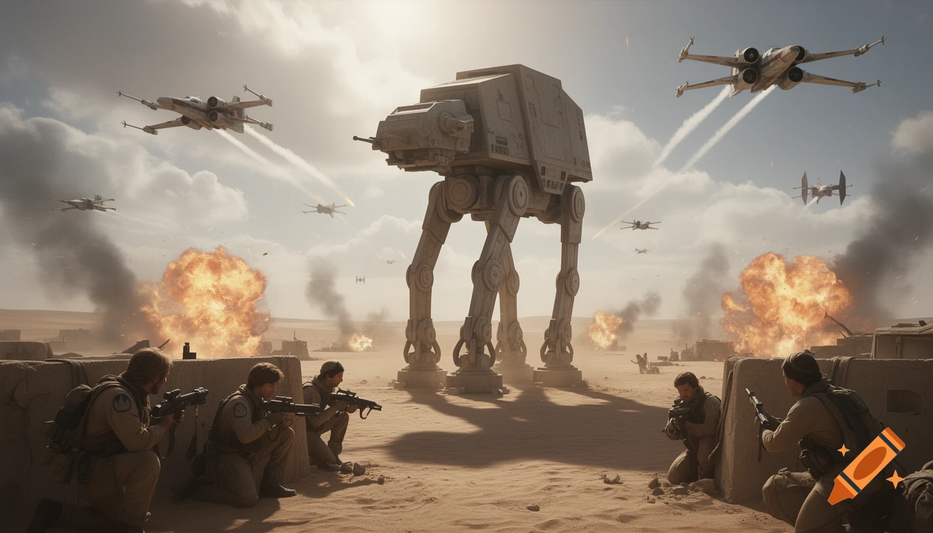 Photorealistic Star Wars battle with an AT-AT walker, X-wing fighters, and soldiers fighting on a desert planet with explosions.