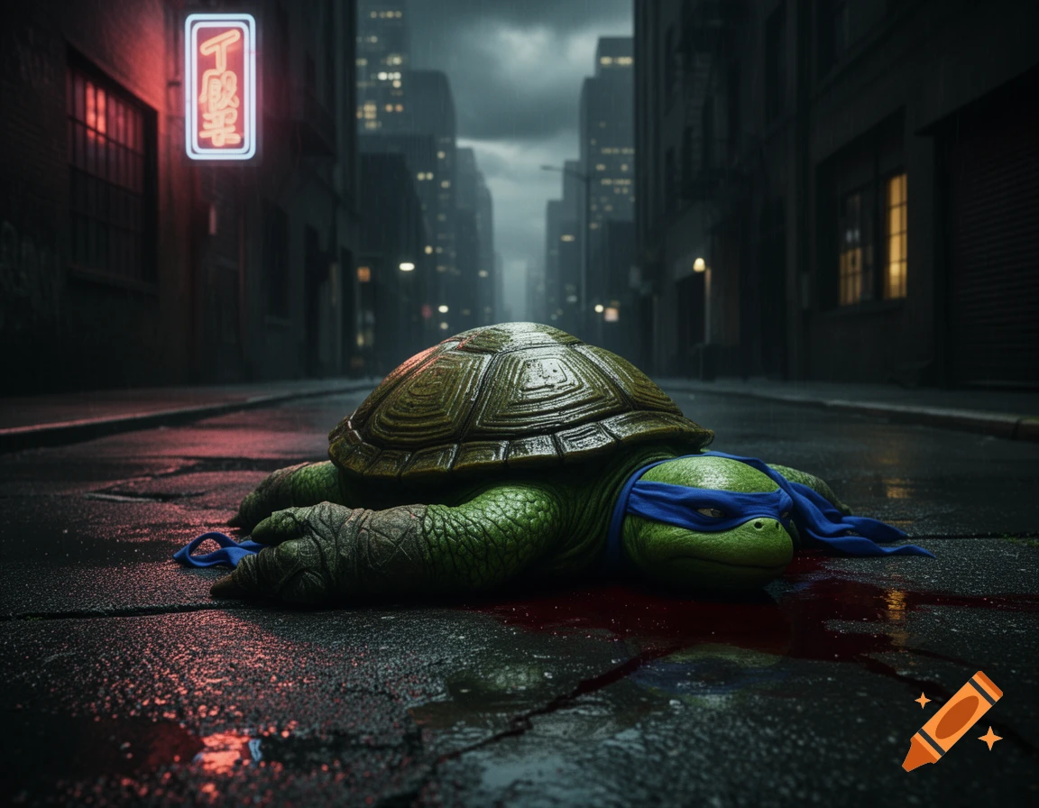 A green Ninja Turtle lies dead on a wet, dark city street with blood, under a glowing neon sign.