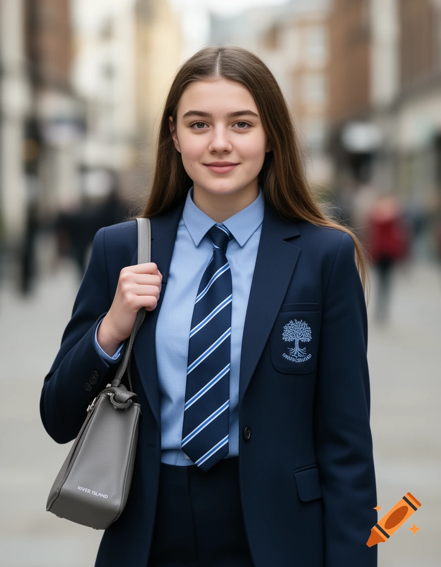 Photorealistic portrait of a young woman in a school uniform with a navy blazer, striped tie, and a grey River Island handbag, standing on a street.