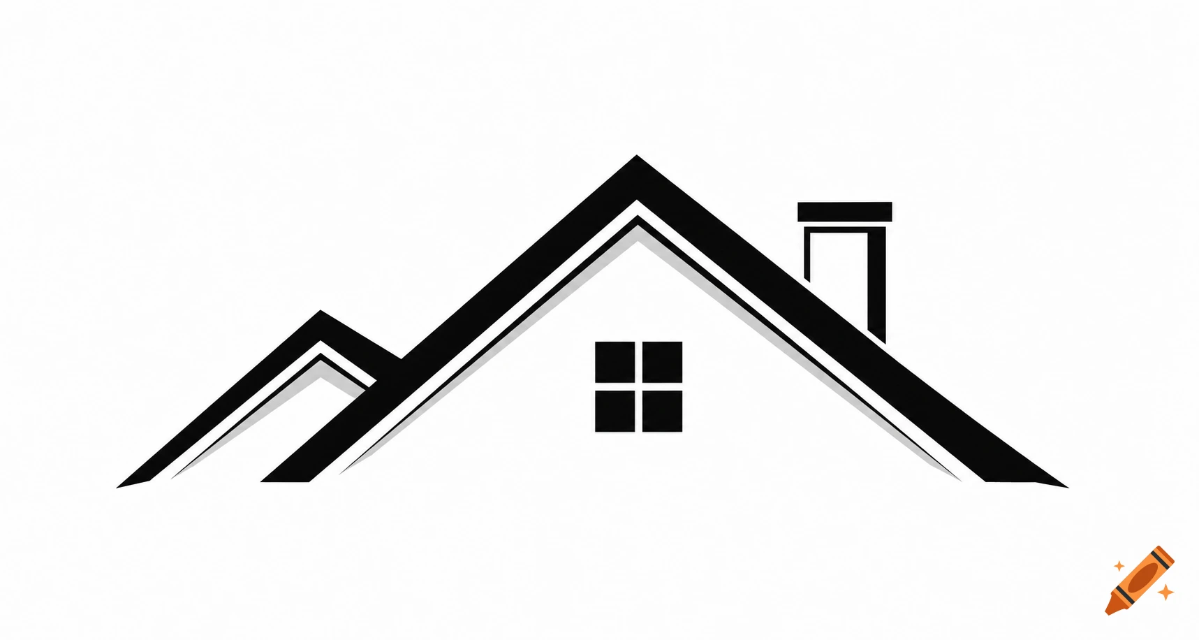 A black and white minimalist logo showing a house roof with a chimney and a small window, against a white background.