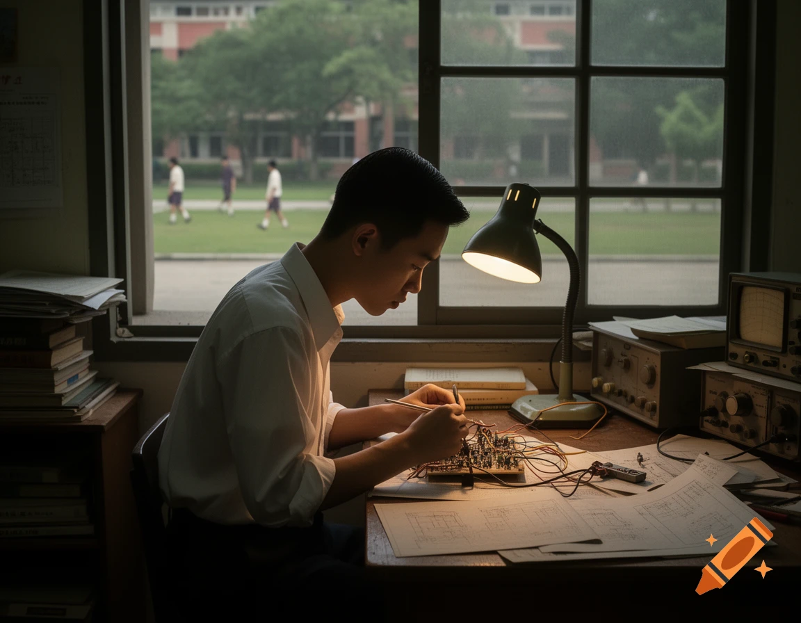 A young Asian male student with a white shirt and dark pants works on an electronic circuit board at a desk, illuminated by a desk lamp. Vintage equipment and papers with schematics are on the cluttered desk. Outside a window, other students walk on a grassy field.