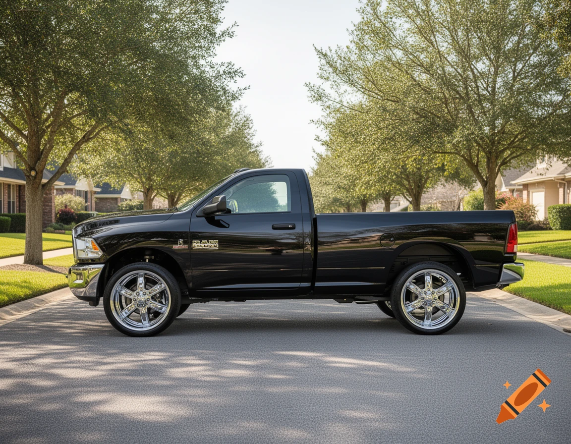 A shiny black 2015 Ram 2500 regular cab pickup truck with chrome wheels parked on an asphalt street in a suburban neighborhood.