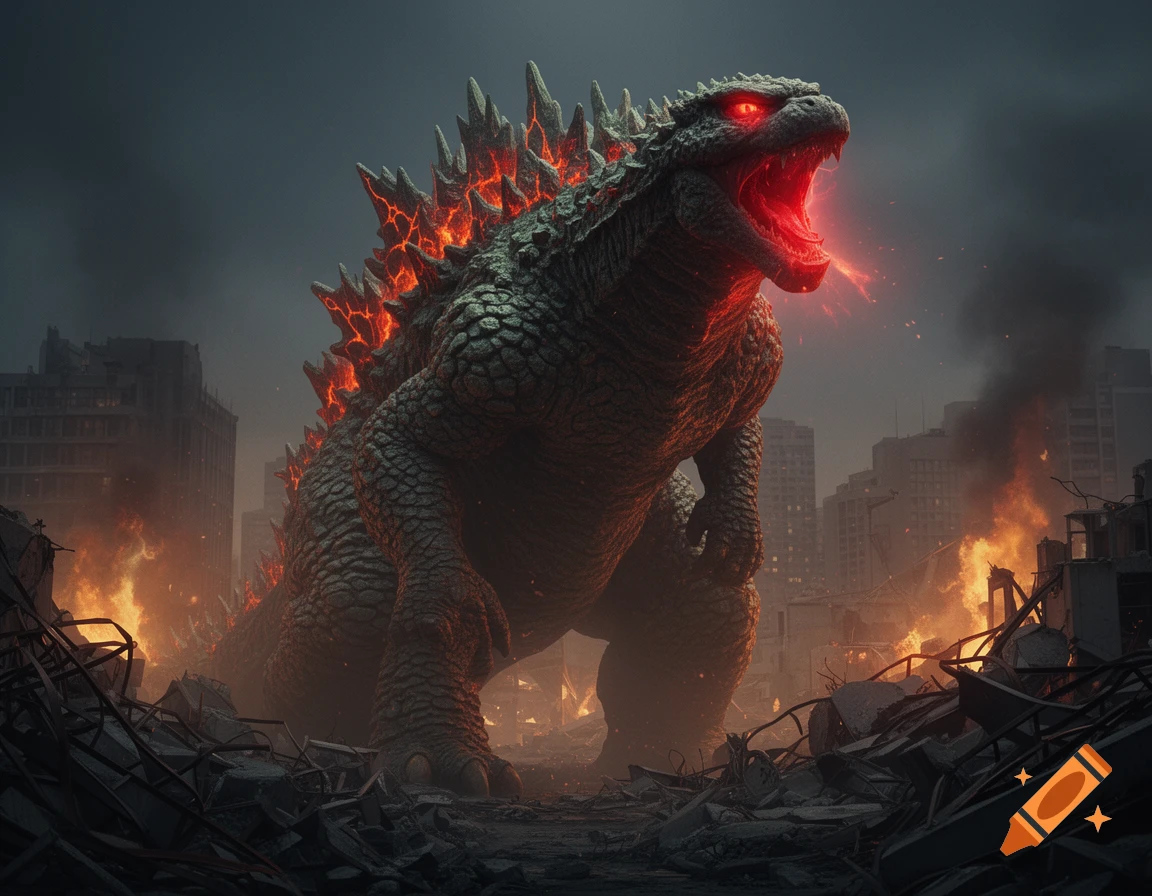 A giant, dark green Godzilla-like kaiju with glowing red eyes and fiery spines roars in a burning, destroyed city under a dark sky.