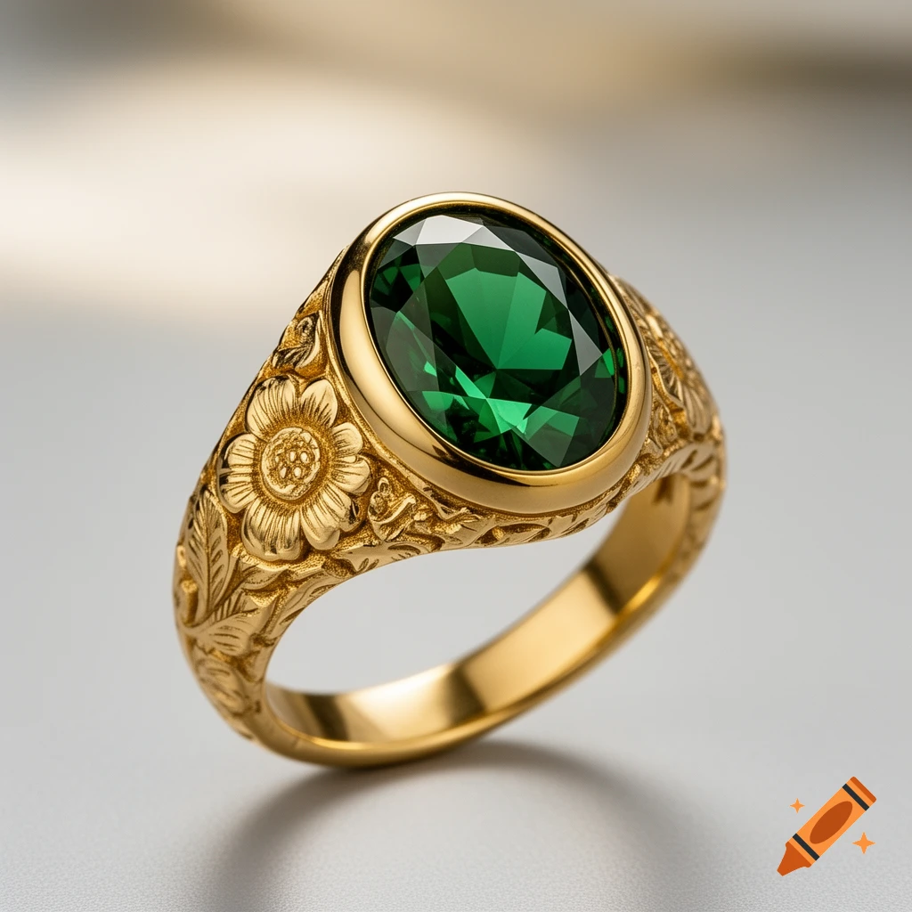 Close-up of an ornate yellow gold ring with a large oval green gemstone in a bezel setting and intricate floral engravings.
