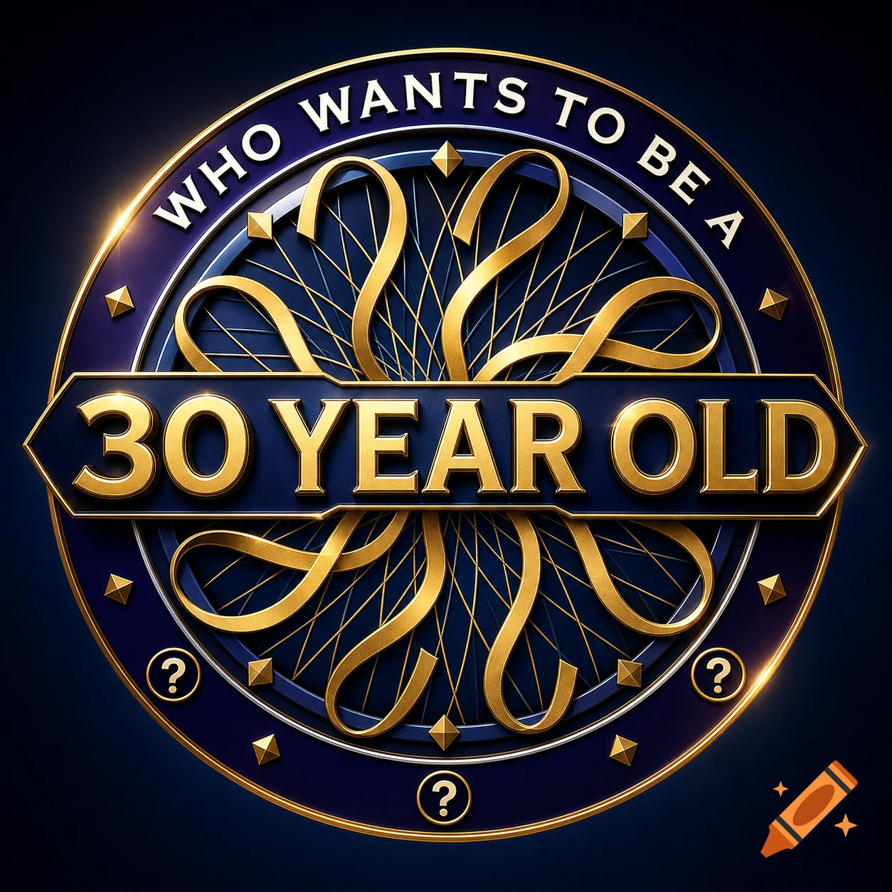 A detailed blue and gold logo in the style of 'Who Wants To Be A Millionaire?', with 'WHO WANTS TO BE A 30 YEAR OLD' text.