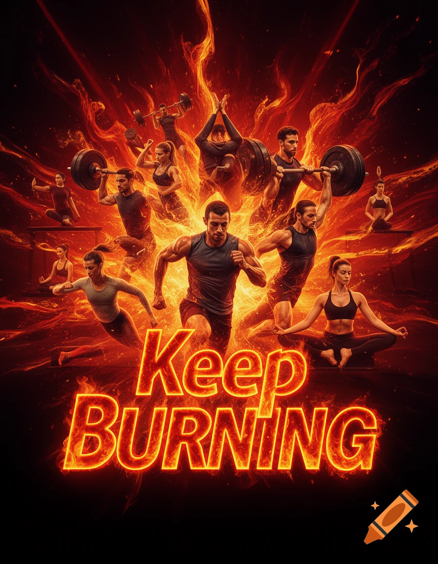 High-impact fitness poster with athletes running, lifting, and doing yoga, surrounded by fiery streaks. Text says 'Keep BURNING'.