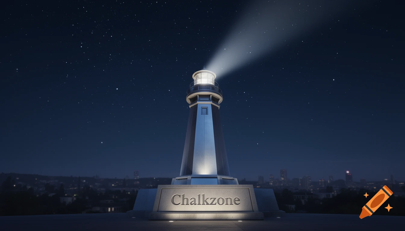 A prominent lighthouse shines its beam across a starry night sky above a distant city, with 'Chalkzone' engraved on its base, in a photorealistic style.