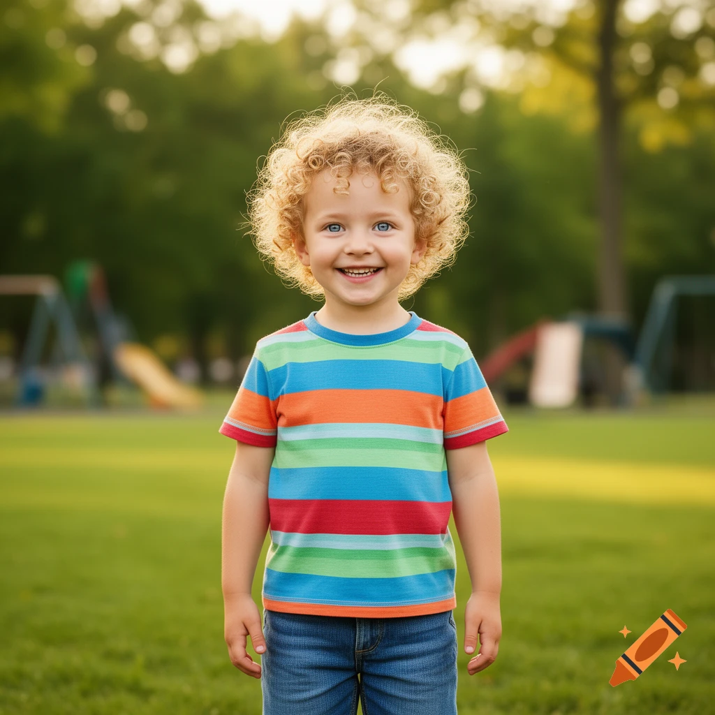 Smiling young boy with curly blonde hair and blue eyes, wearing a striped shirt, standing outdoors in a park.