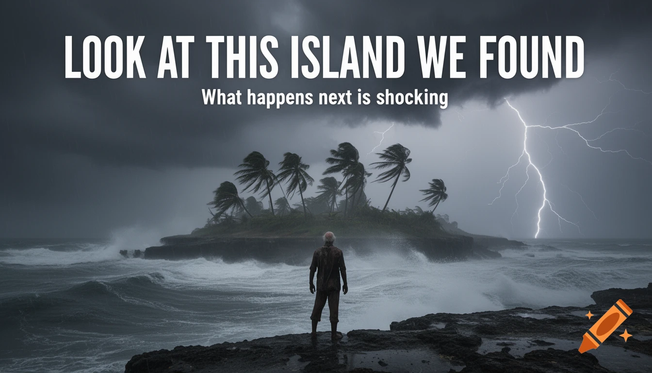 A man stands on a rocky shore watching a stormy island with palm trees and lightning. Text: "LOOK AT THIS ISLAND WE FOUND What happens next is shocking".