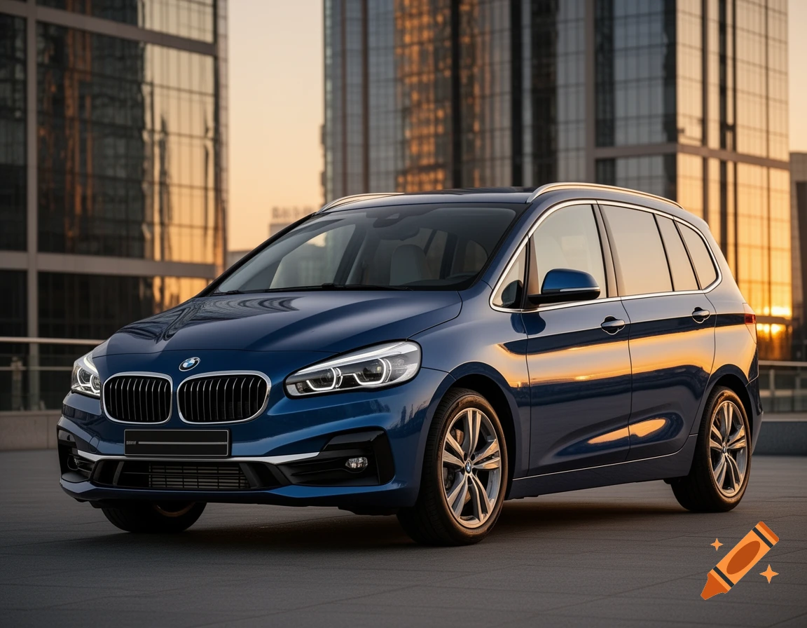 A dark blue BMW car is parked on a city rooftop with modern glass skyscrapers reflecting the sunset in the background.