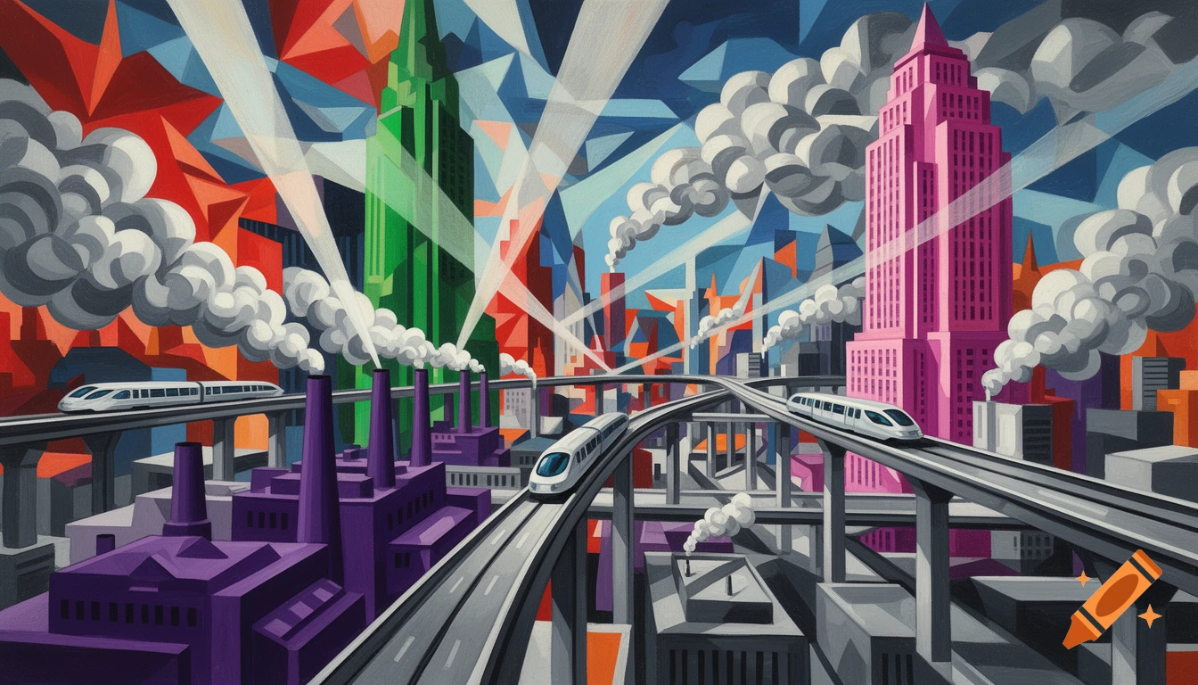 A vibrant Cubist illustration of a futuristic city with colorful high-rises, elevated monorails, and smoking factories under spotlights.