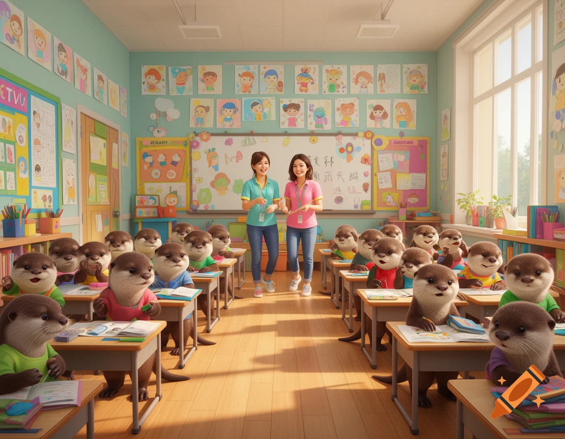 A classroom scene with two female teachers and numerous cute otter students sitting at desks, surrounded by colorful drawings.